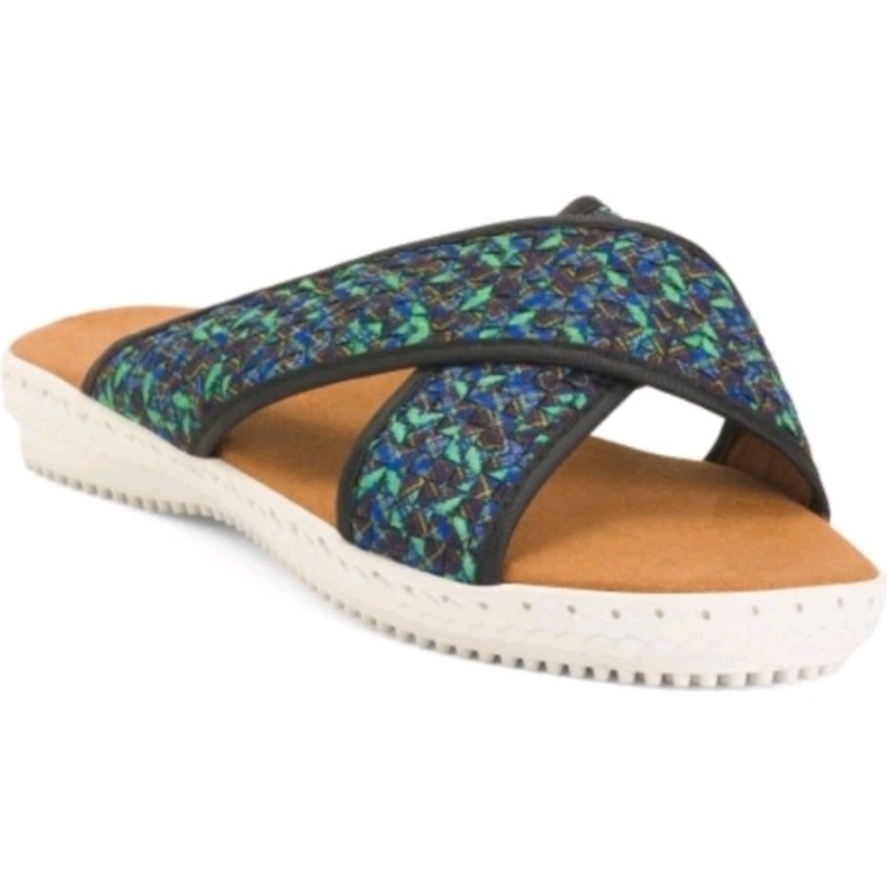 Bernie Mev Women Blue Green Woven Criss Cross‎ Slide Sandals Size 40 9 NEW